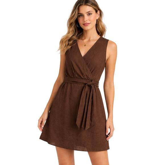 Sunday in Brooklyn Dresses & Skirts - Sunday In Brooklyn Brown Linen Blend Faux Wrap Dress Small Anthropologie